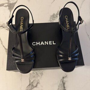 Authentic Chanel Shiney Lambskin Heels with Crystal CC Logo